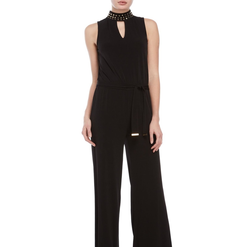 mock neck sleeveless belted jumpsuit